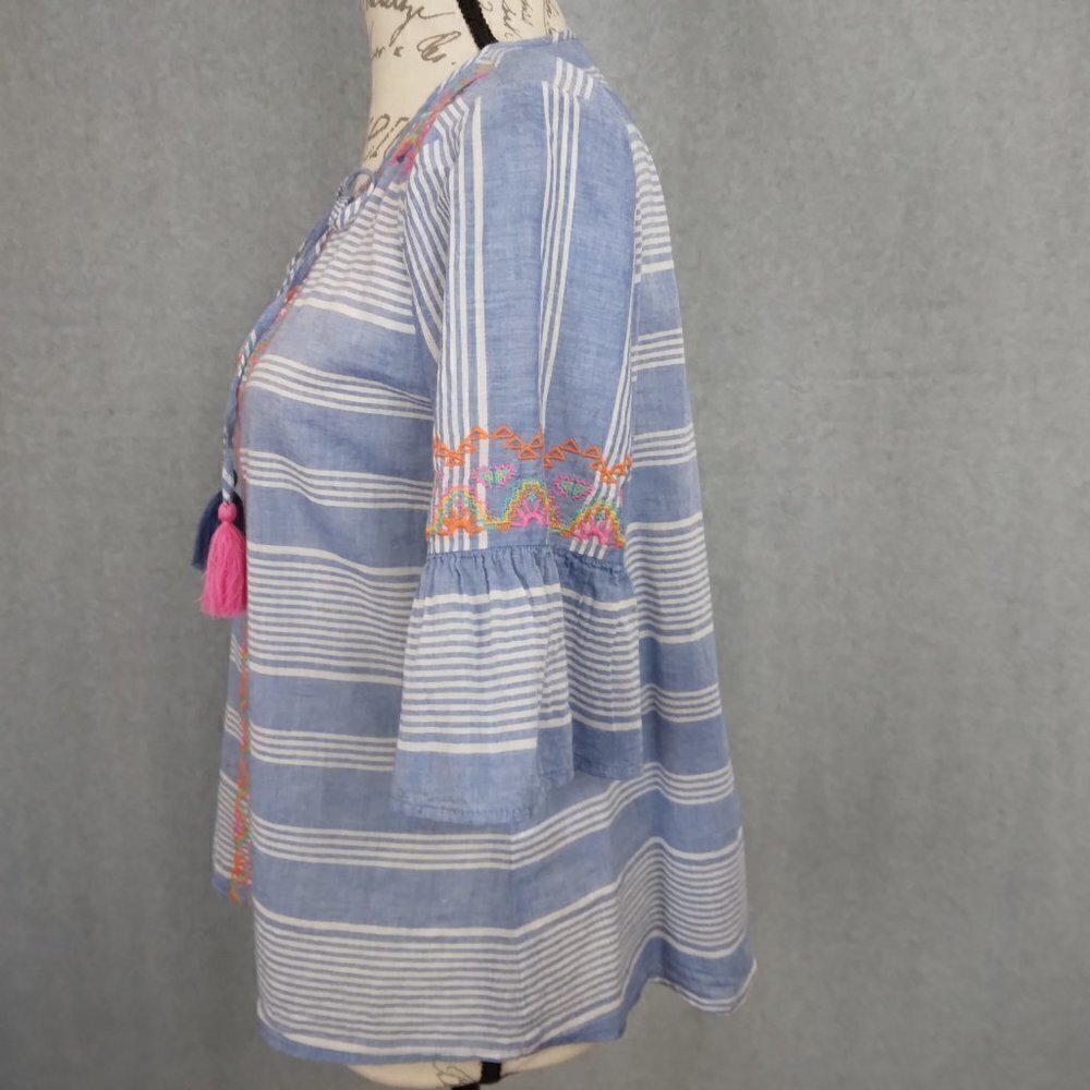 THML | Embroidered Striped Boho Cotton Top Blue White | Size M - Picture 6 of 10